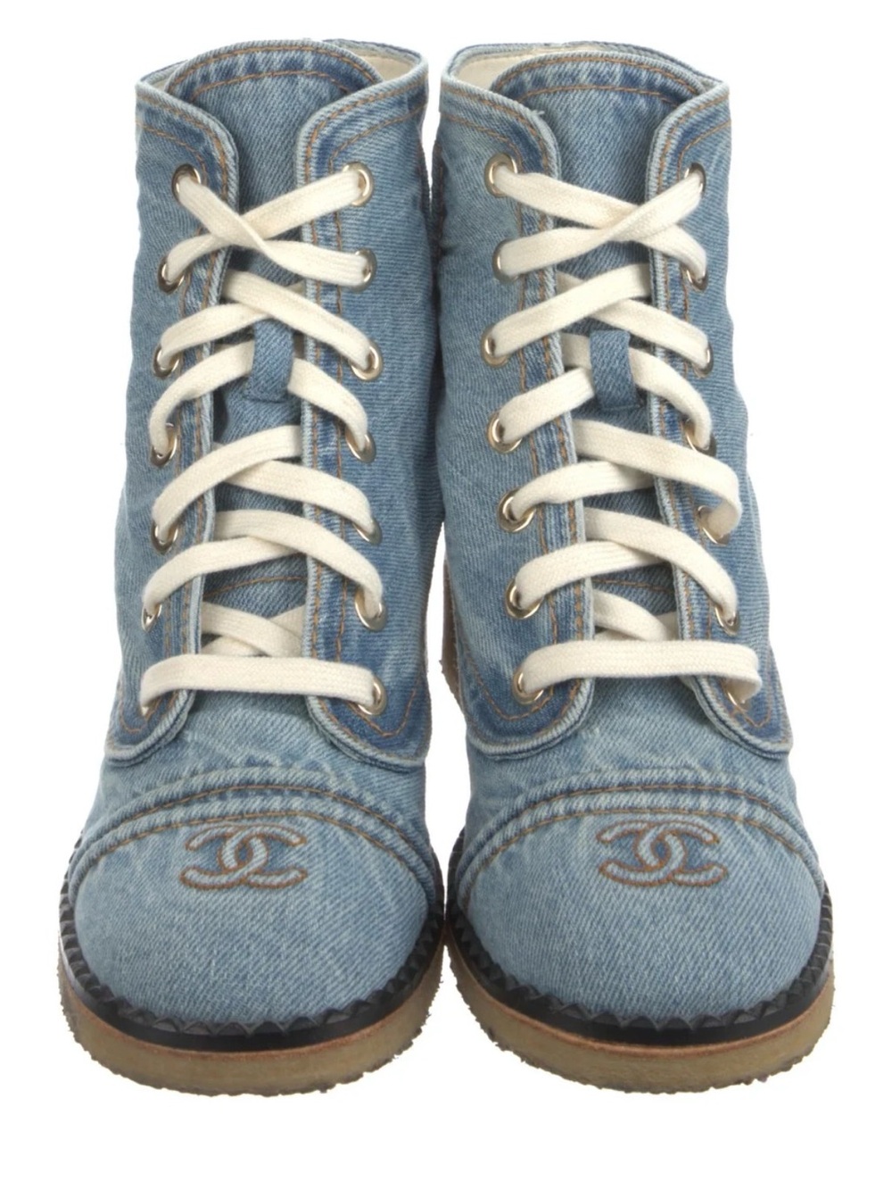 CHANEL Light Blue Denim Lace-Up Ankle Boots with Cream Laces